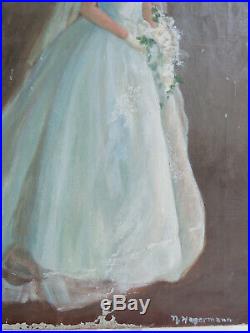Vintage Oil Painting Portrait Woman on Canvas Mid Century Bride Wedding Gown