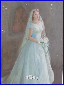 Vintage Oil Painting Portrait Woman on Canvas Mid Century Bride Wedding Gown