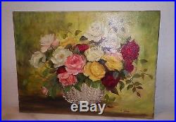 Vintage Oil Painting Roses Red Pink Yellow And White In Basket Signed Unframed