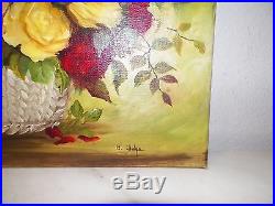 Vintage Oil Painting Roses Red Pink Yellow And White In Basket Signed Unframed