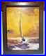 Vintage Oil Painting Sailboat Bright Yellow Sky Signed 22 x 28
