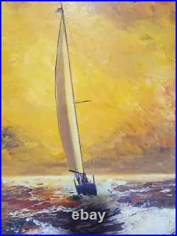 Vintage Oil Painting Sailboat Bright Yellow Sky Signed 22 x 28