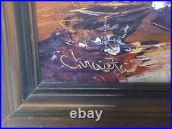 Vintage Oil Painting Sailboat Bright Yellow Sky Signed 22 x 28