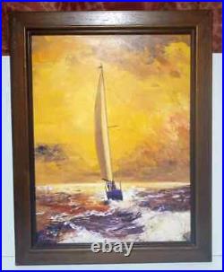 Vintage Oil Painting Sailboat Bright Yellow Sky Signed 22 x 28
