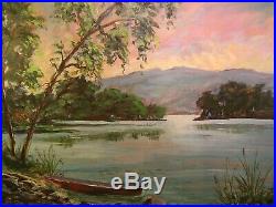 Vintage Oil Painting Signed Lake Mountain Landscape 50s Swanson