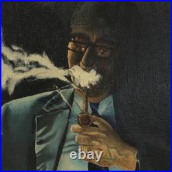 Vintage Oil Painting Signed Ross Man with Pipe & Book 20x16 Mid-Century