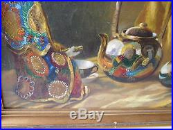 Vintage Oil Painting Signed Still Life Oriental Porcelain