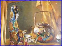 Vintage Oil Painting Signed Still Life Oriental Porcelain