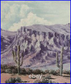 Vintage Oil Painting Superstition Mountains Arizona Signed F Krappel 14 X 30