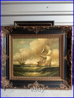 Vintage Oil Painting Tall Ships at Sea Battle Signed by H. Parker