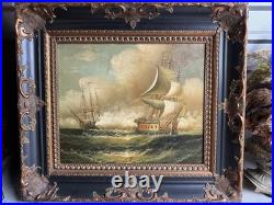 Vintage Oil Painting Tall Ships at Sea Battle Signed by H. Parker