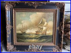 Vintage Oil Painting Tall Ships at Sea Battle Signed by H. Parker