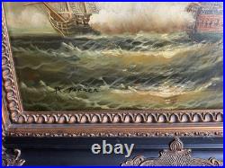 Vintage Oil Painting Tall Ships at Sea Battle Signed by H. Parker