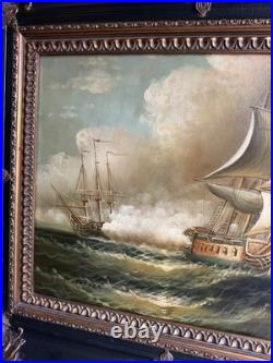 Vintage Oil Painting Tall Ships at Sea Battle Signed by H. Parker