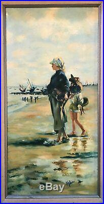 Vintage Oil Painting'beach' Created In 1950-1960 Original Frame Signed