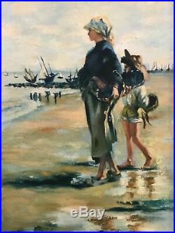 Vintage Oil Painting'beach' Created In 1950-1960 Original Frame Signed