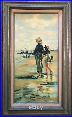 Vintage Oil Painting'beach' Created In 1950-1960 Original Frame Signed