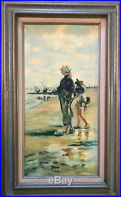 Vintage Oil Painting'beach' Created In 1950-1960 Original Frame Signed