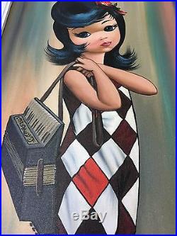 Vintage Oil Painting by Eden1960s Vertical Harlequin Girl with Big Eyes 1960's