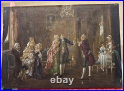 Vintage Oil Painting by O. Erdmann Rococo Aristocratic Salon Scene Signed 1920s