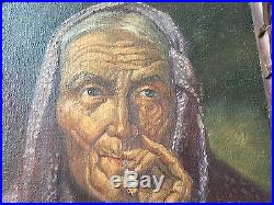 Vintage Oil Painting on Canvas, Older Woman Smoking Signed M Leal 1946