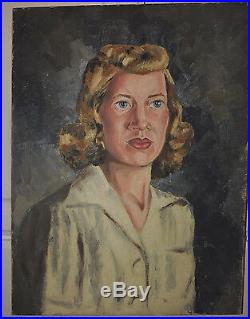 Vintage Oil Portrait BLONDE WOMAN in WHITE Modernist Big Band ERA Painting c1942