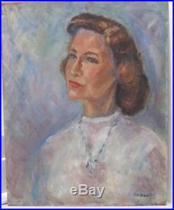 Vintage Oil Portrait MID-CENTURY Impressionist Woman WHITE Sweater Signed 1960s