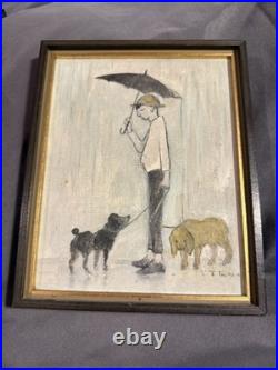 Vintage Oil on Board Painting Man Walking Dogs in Rain Signed Tilton