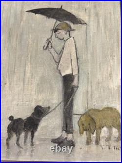 Vintage Oil on Board Painting Man Walking Dogs in Rain Signed Tilton