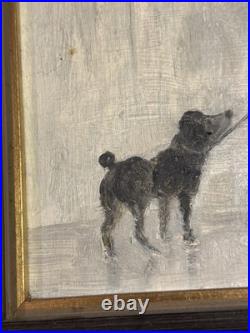 Vintage Oil on Board Painting Man Walking Dogs in Rain Signed Tilton