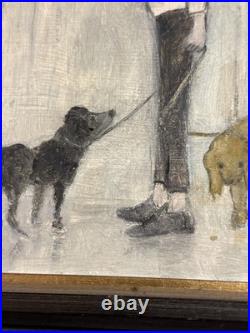 Vintage Oil on Board Painting Man Walking Dogs in Rain Signed Tilton