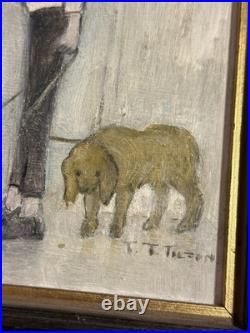 Vintage Oil on Board Painting Man Walking Dogs in Rain Signed Tilton