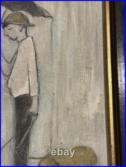Vintage Oil on Board Painting Man Walking Dogs in Rain Signed Tilton