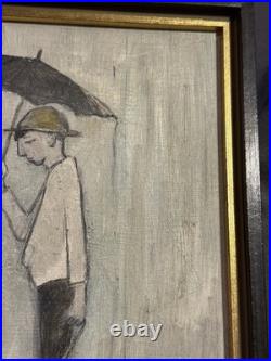 Vintage Oil on Board Painting Man Walking Dogs in Rain Signed Tilton