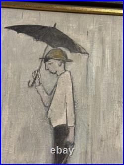 Vintage Oil on Board Painting Man Walking Dogs in Rain Signed Tilton