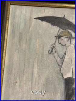 Vintage Oil on Board Painting Man Walking Dogs in Rain Signed Tilton