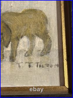 Vintage Oil on Board Painting Man Walking Dogs in Rain Signed Tilton