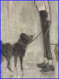Vintage Oil on Board Painting Man Walking Dogs in Rain Signed Tilton