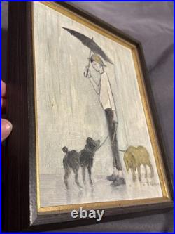 Vintage Oil on Board Painting Man Walking Dogs in Rain Signed Tilton
