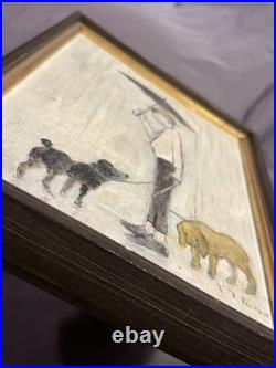 Vintage Oil on Board Painting Man Walking Dogs in Rain Signed Tilton