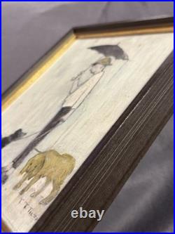 Vintage Oil on Board Painting Man Walking Dogs in Rain Signed Tilton