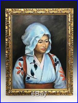 Vintage Oil on Board Portrait of a Asian Maiden Lady Painting Signed by J. Lowe