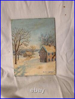 Vintage Oil on Board Signed C-L- Harris Winter Village Seen- Decorative