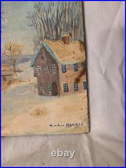 Vintage Oil on Board Signed C-L- Harris Winter Village Seen- Decorative