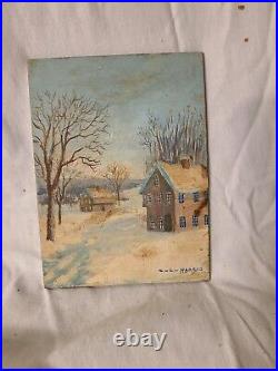 Vintage Oil on Board Signed C-L- Harris Winter Village Seen- Decorative