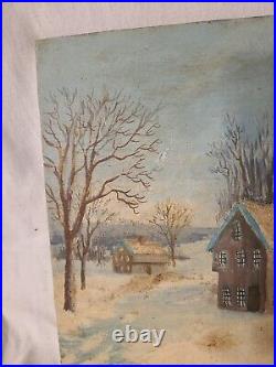 Vintage Oil on Board Signed C-L- Harris Winter Village Seen- Decorative