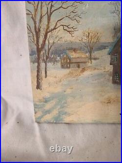 Vintage Oil on Board Signed C-L- Harris Winter Village Seen- Decorative