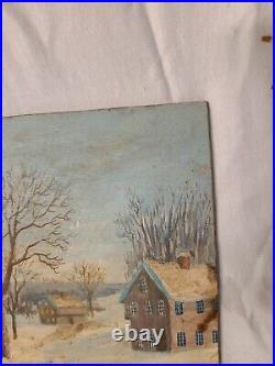 Vintage Oil on Board Signed C-L- Harris Winter Village Seen- Decorative