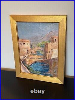Vintage Oil on Board Signed Zicca Landscape with Bridges Painting