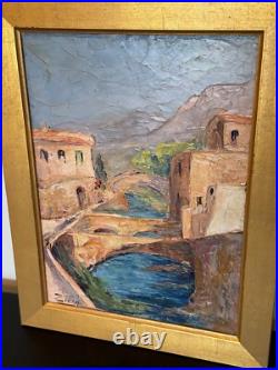 Vintage Oil on Board Signed Zicca Landscape with Bridges Painting